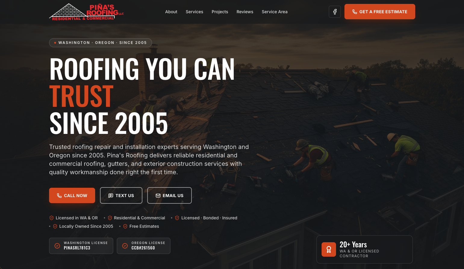 Piña's Roofing website hero