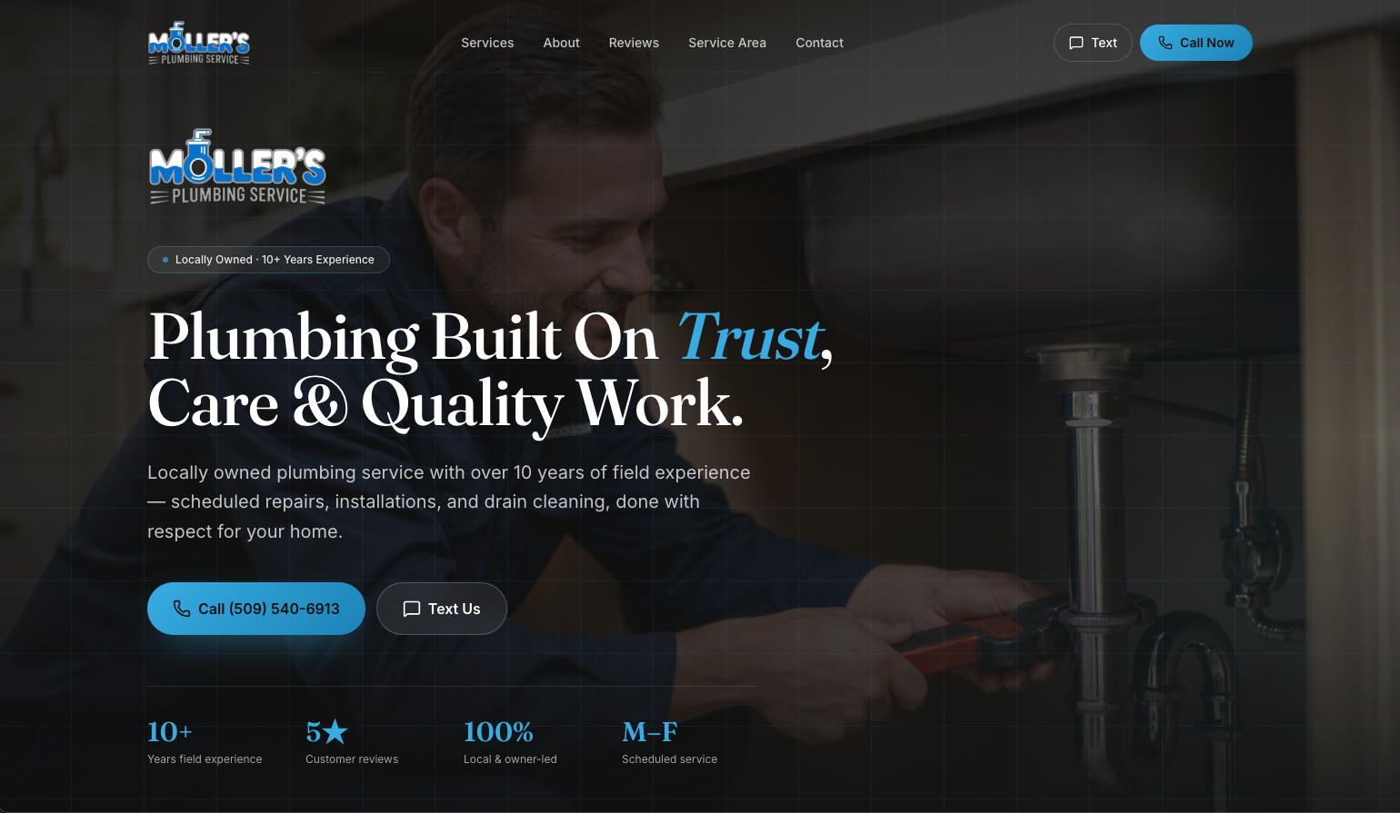 Möller's Plumbing website hero